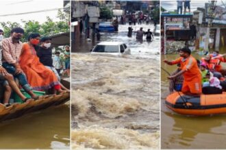 आंध प्रदेश के विजयवाड़ा में बाढ़ जैसे हालात शहरों में घुसा नदी का पानी।