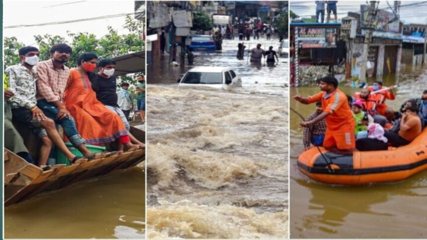 आंध प्रदेश के विजयवाड़ा में बाढ़ जैसे हालात शहरों में घुसा नदी का पानी।